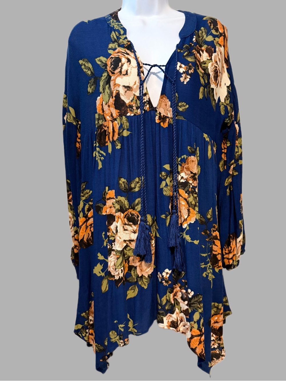 Altar’d State - Navy Floral Tassel Tie Tunic